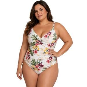 Jantzen NWT V-Neck Draped Tummy Control Swimsuit Wireless Bra Sz 28W Adjustable